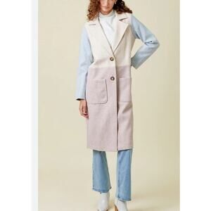 NWT Women’s Mystree Color Block Long Coat Oat Pink Blue Size Large Polyester